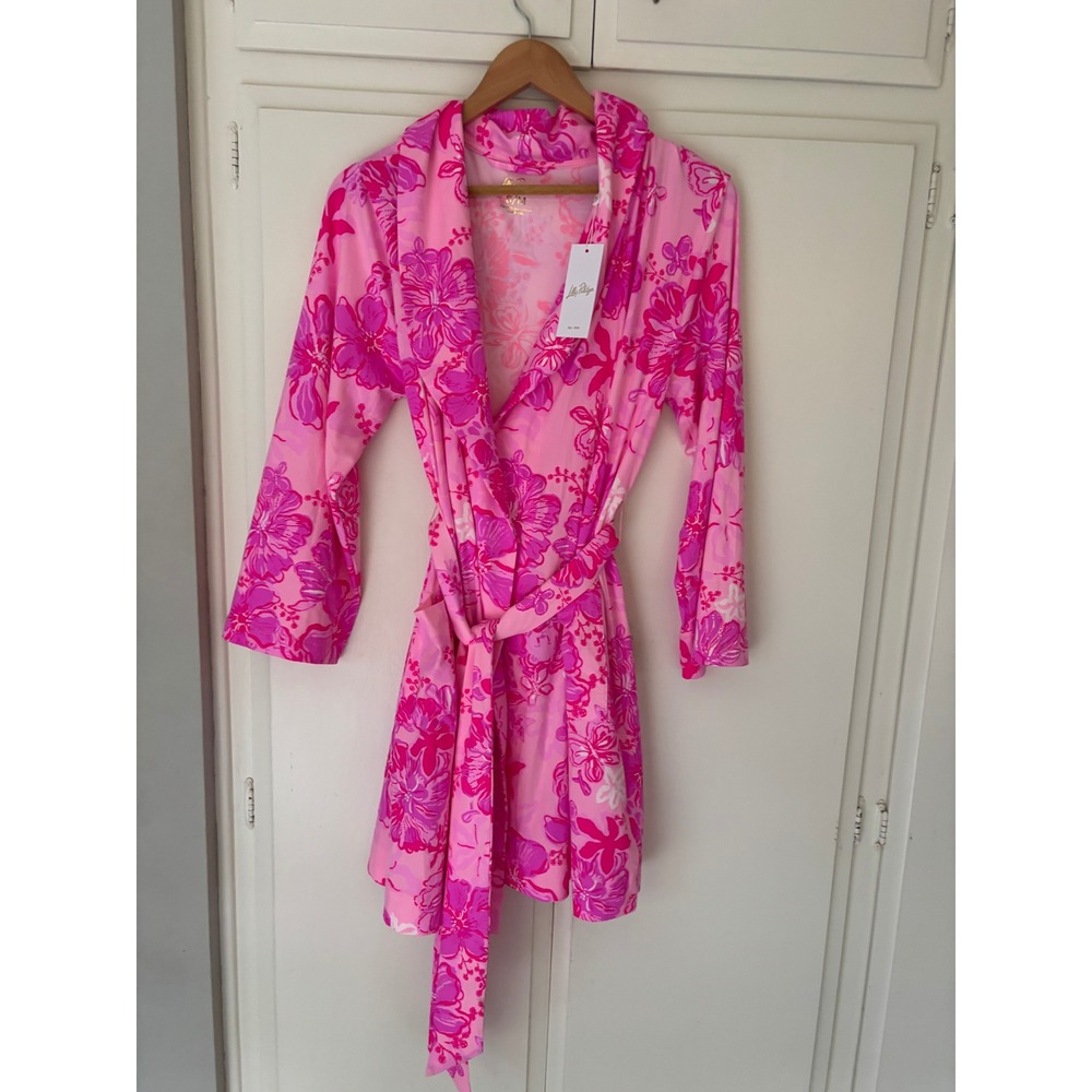 Lilly Pulitzer Issie PJ Knit Robe Parigi Pink Supporting Squad Floral S/M NWT